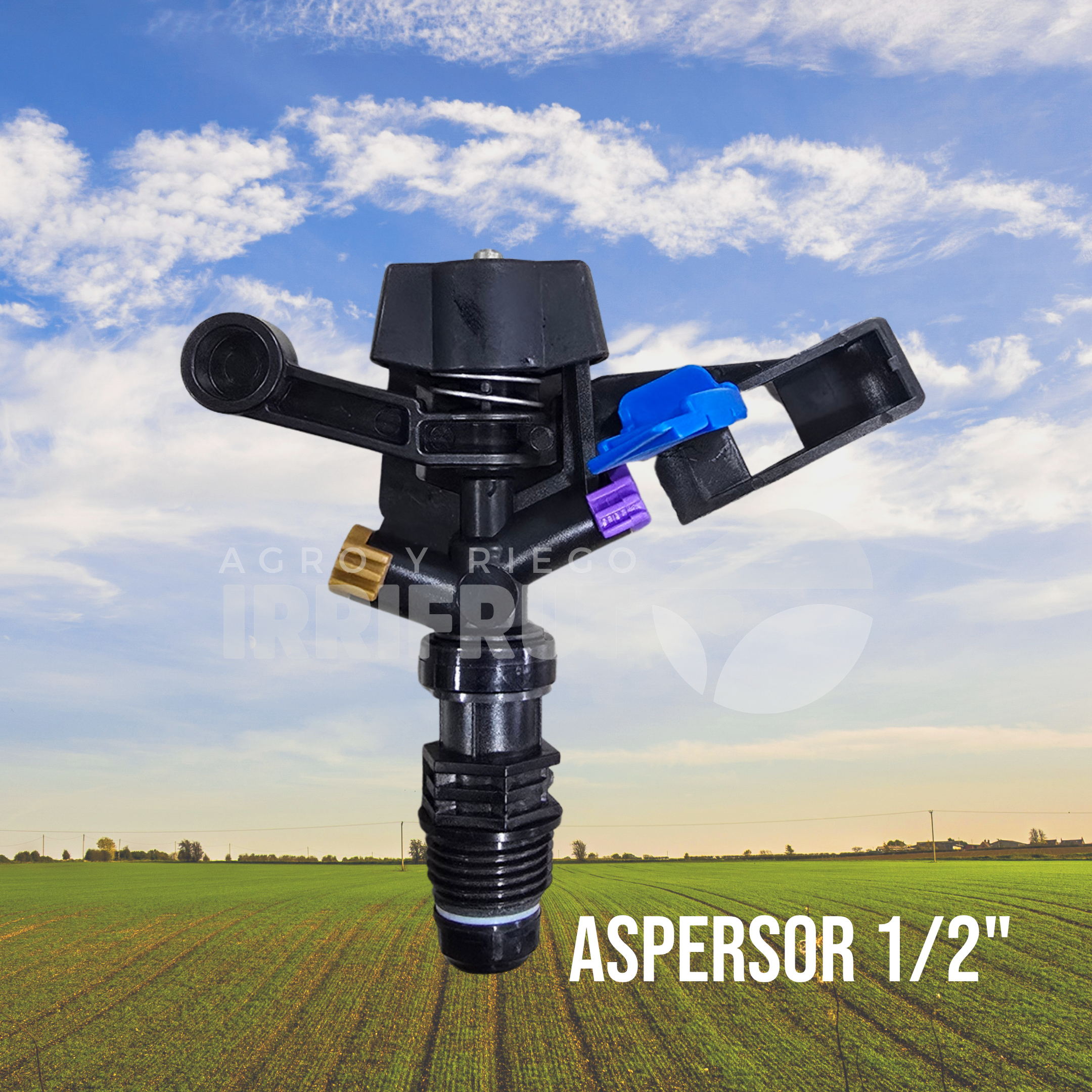 Aspersor Plástico Giro 360° HE 1/2" - Doble Boq, Rain Gun (9.9 - 13 m) (Violeta/Café)